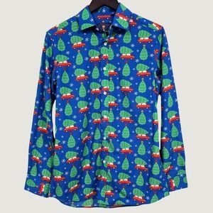 Simon Banks Christmas Tree Car Shirt Mens‎ Small Blue Holiday Festive Novelty